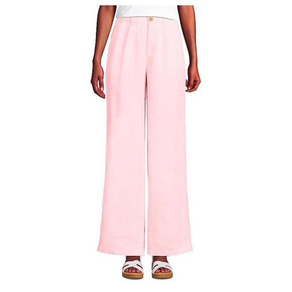 Lands End Womens Lt Pink High Rise Wide Leg 100% Linen Pleated Pants Size 10 - Picture 1 of 9
